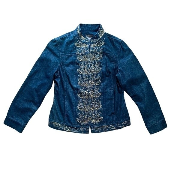 Additions by Chico's Denim Jacket Gold Embroidery Sequins Beaded Size 1 / Medium - Picture 1 of 11